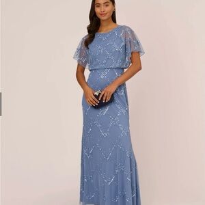 Adrianna Papell Light French Blue Beaded floor length beaded flutter Dress 8 NWT